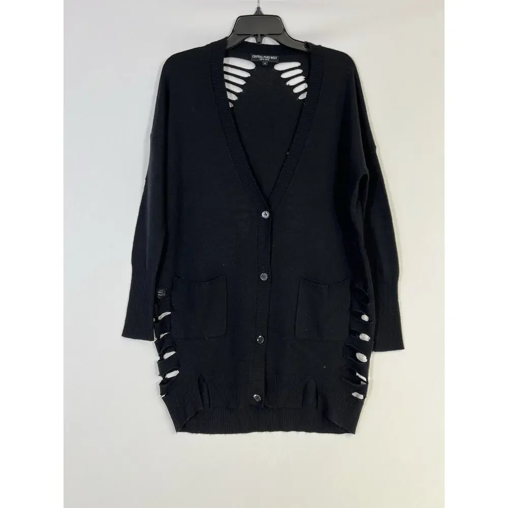 Womens Distressed Knit Cardigan Sweater‎ Central Park NY Sz S Black Grunge Goth